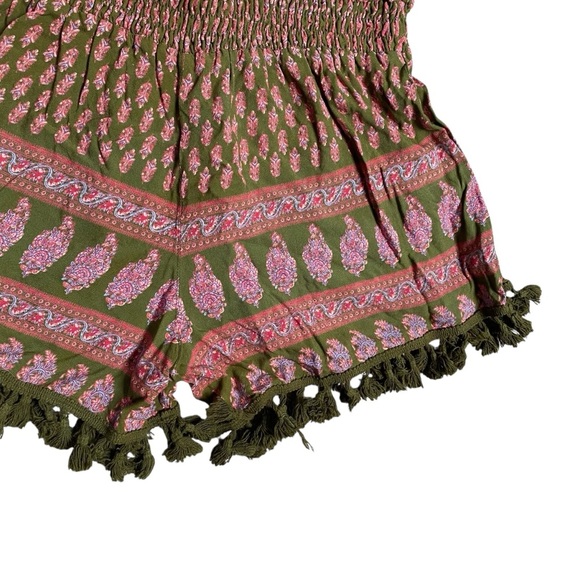 Anthropologie Raga Off-Shoulder Romper Green Pink Boho Pom-Pom Trim Size Small - Picture 13 of 15